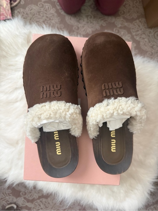 Miu Miu Shoes - Miu Miu Brown Suede Shearling-Trim Slip-On Clogs